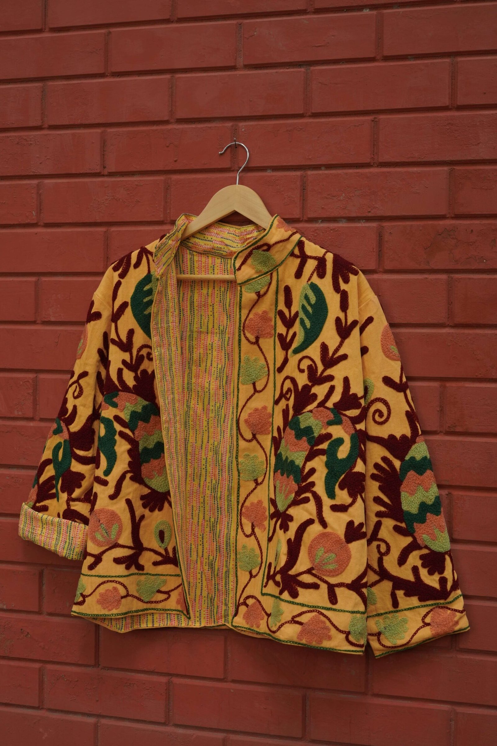 Womens Yellow Velvet Embroidered Jacket with Floral Design - Image 2